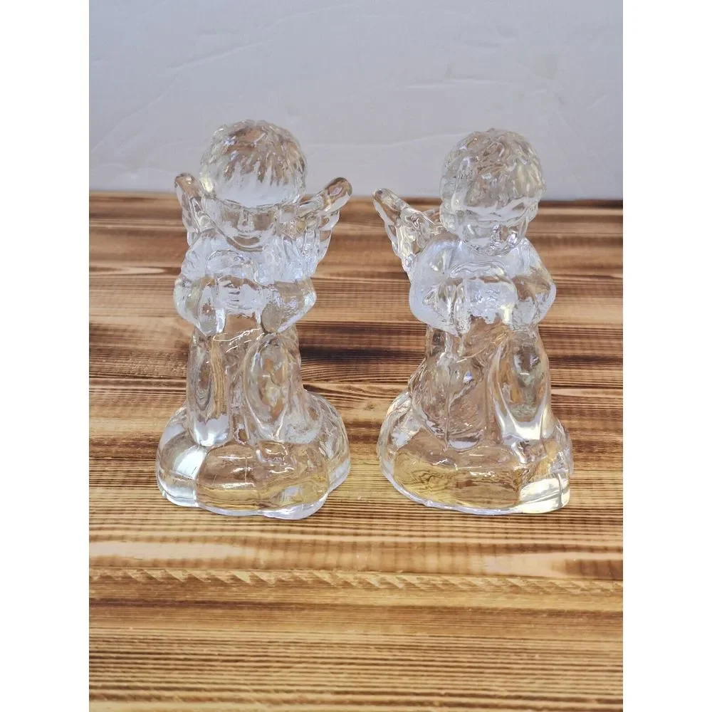 Set Of‎ 2 Kneeling CHRISTMAS TAPERED GLASS ANGEL CANDLE Holders 4.25